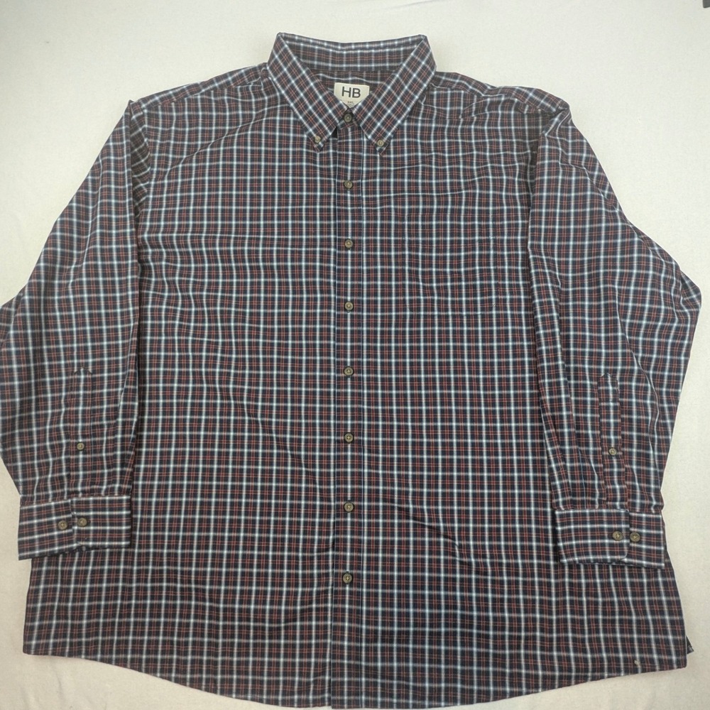 HB Mens 3XL Plaid Button Down Shirt Navy Red White Long Sleeve Big & Tall